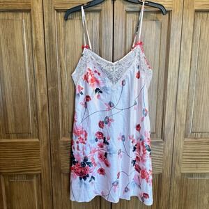 Y2K Babydoll Romantic Oriental Floral Print Lace Satin Slip Lingerie Dress M